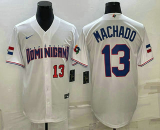 Mens Dominican Republic Baseball #13 Manny Machado Number 2023 White World Baseball Classic Stitched Jerseys